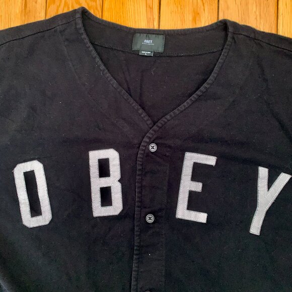 Vintage Y2K Obey Baseball Shirt Spellout Logo Men's Large Black Skating Street - Picture 2 of 5